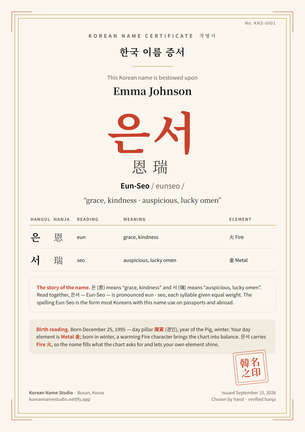 Korean Name Certificate sample